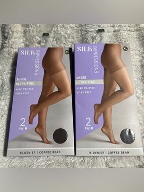 Lot 2 Packs 4 Pair Silk Impressions Pantyhose Size XL, Coffee Bean 15 Denier NEW